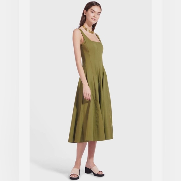 STAUD Wells Dress Olive Green Summer Sleeveless Scoop Neck Midi
